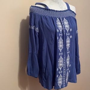 Chico’s Off The Shoulder Embroidered Viscose Crinkled Blue & White Boho Top
